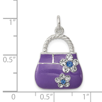 Sterling Silver Rhodium-plated Purple Enameled CZ Purse Charm
