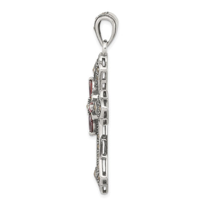 Sterling Silver Antiqued Red Marquise CZ Marcasite Cross Pendant