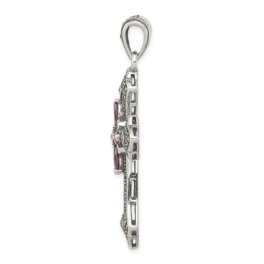 Sterling Silver Antiqued Red Marquise CZ Marcasite Cross Pendant