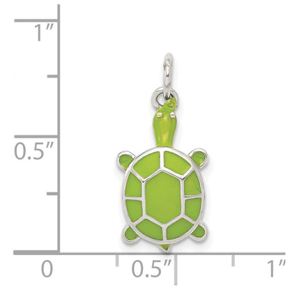 Sterling Silver Rhodium-plated Green Enameled Turtle Pendant