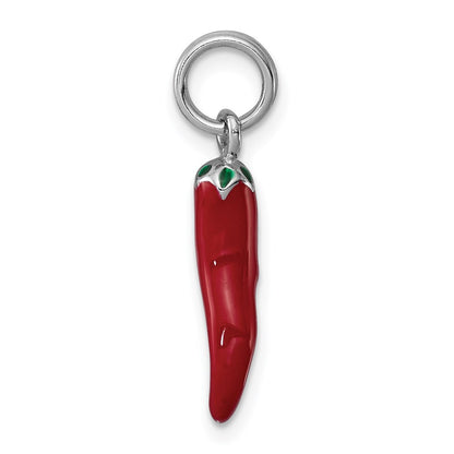 Sterling Silver Rhodium Plated Red Enamel with Green Enamel Accent Pepper Charm