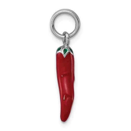 Sterling Silver Rhodium Plated Red Enamel with Green Enamel Accent Pepper Charm