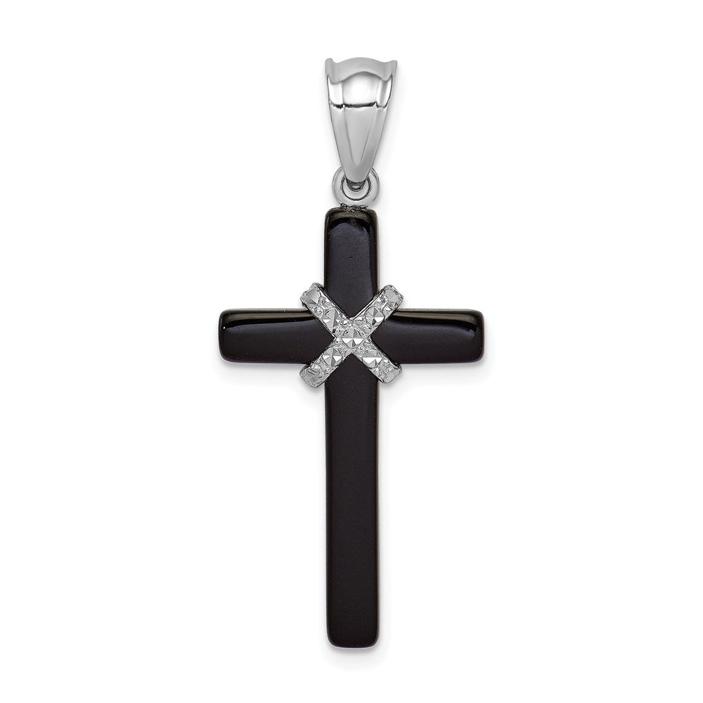 Sterling Silver Rhodium-plated Onyx Cross Pendant