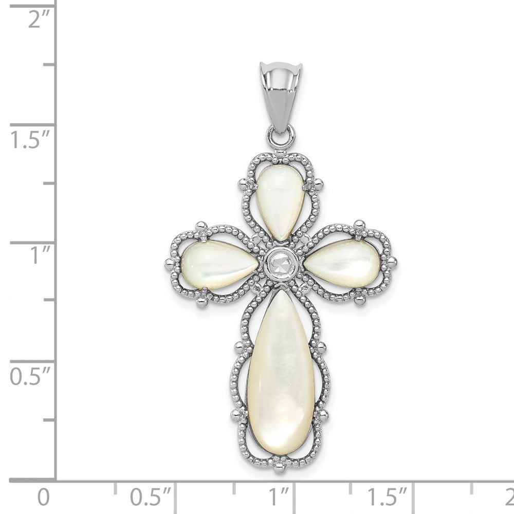 Sterling Silver Rhodium-plated Mother of Pearl Cross Pendant