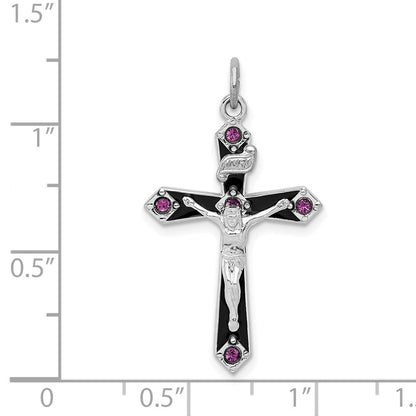 Sterling Silver Platinum-plated Black Epxy Purple CZ INRI Cross Pendant