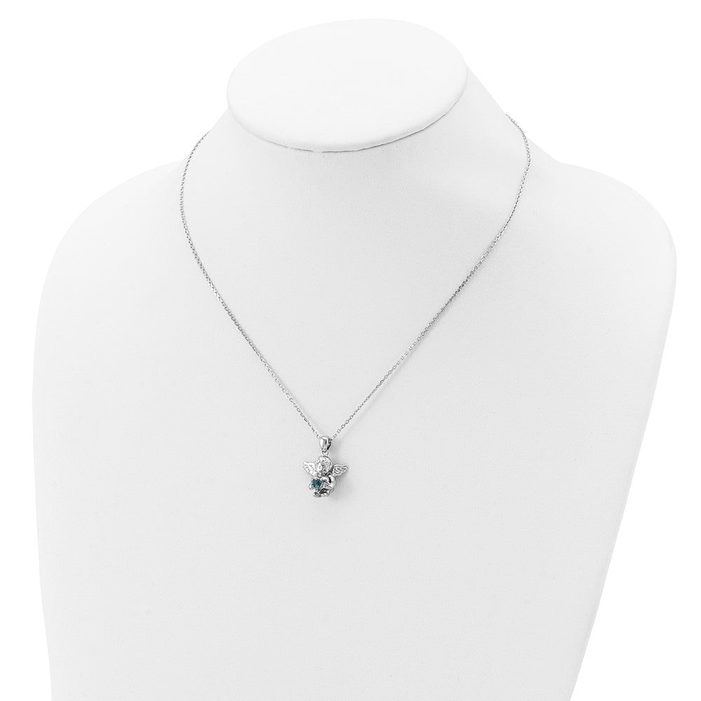 Sterling Silver RH-pltd CZ Mar Birthstone Angel Ash Holder 18in Necklace