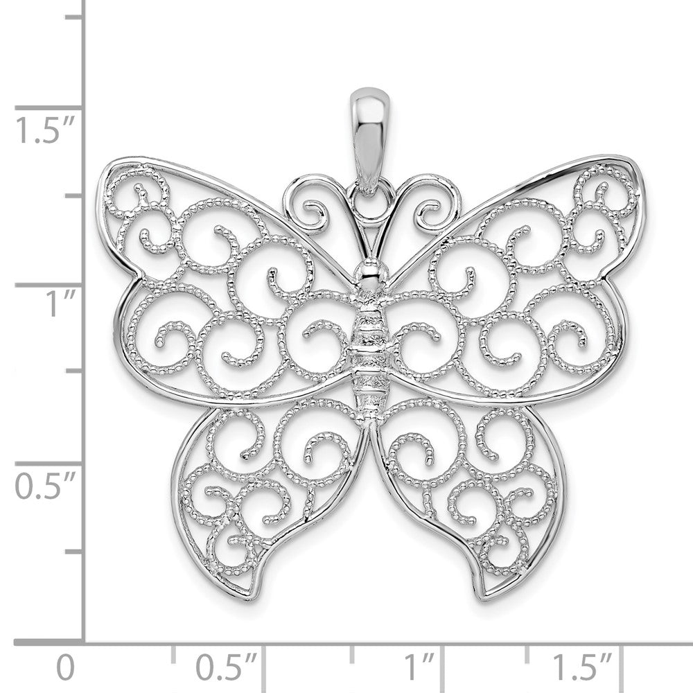De-Ani Sterling Silver Rhodium-Plated Large Beaded Filigree Butterfly Pendant
