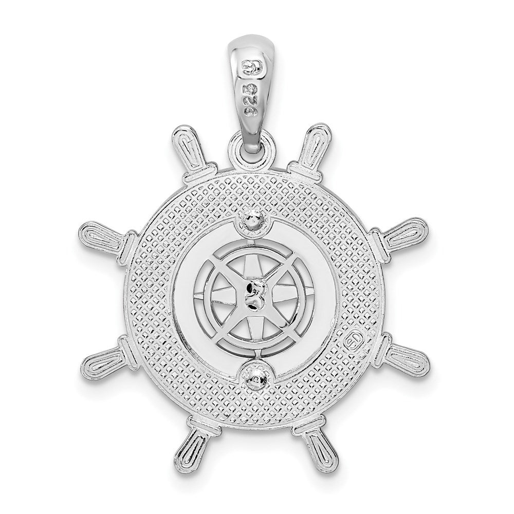 De-Ani Sterling Silver Rhodium-Plated Polished Ships Wheel with Compass Pendant