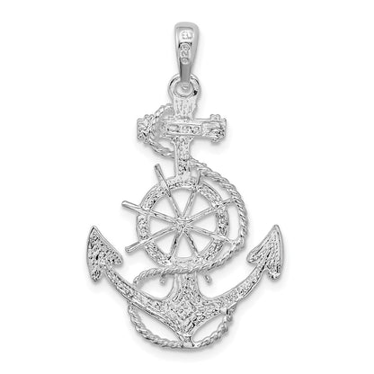De-Ani Sterling Silver Rhodium-Plated Polished Anchor with Ships Wheel Pendant