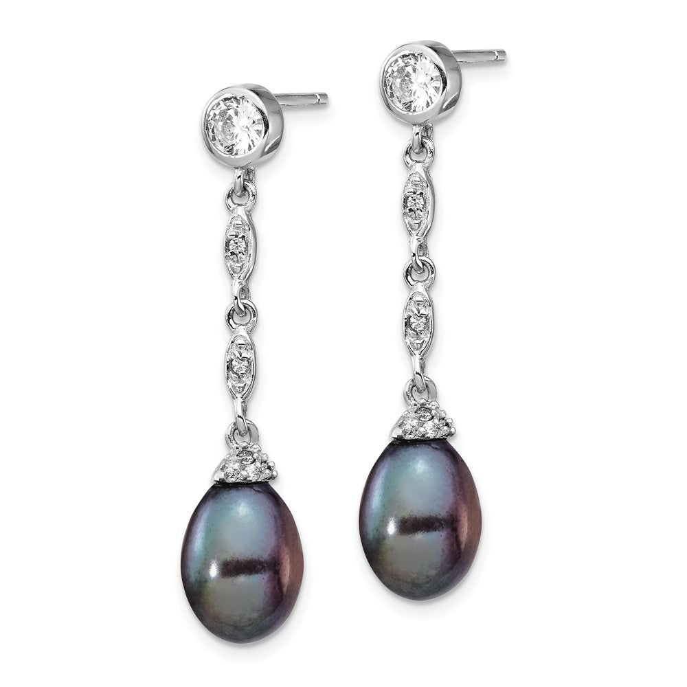 Cheryl M Sterling Silver Rhodium-plated Black Teardrop Freshwater Cultured Pearl and Brilliant-cut CZ Bezel Post Dangle Earrings