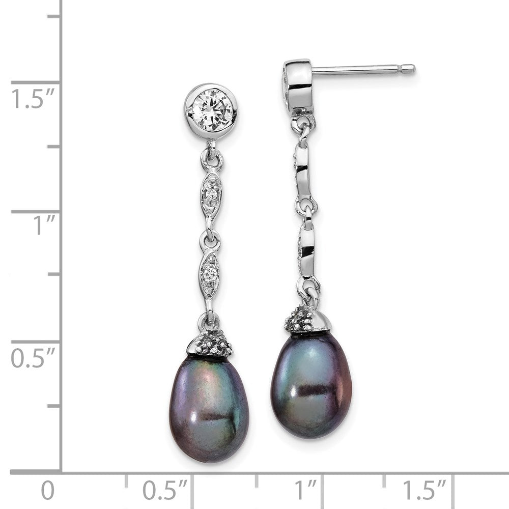 Cheryl M Sterling Silver Rhodium-plated Black Teardrop Freshwater Cultured Pearl and Brilliant-cut CZ Bezel Post Dangle Earrings