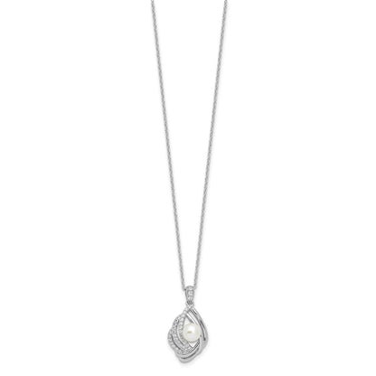 Cheryl M Sterling Silver Rhodium-plated Freshwater Cultured Pearl and Brilliant-cut CZ Teardrop Design 18 Inch Necklace with 2 Inch Extender