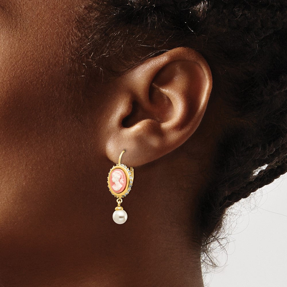 Cheryl M Sterling Silver Gold-plated Glass Pearl Brilliant-cut CZ & Resin Cameo Leverback Dangle Earrings