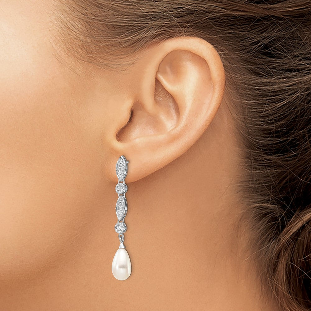 Cheryl M Sterling Silver Rhodium-plated Teardrop Freshwater Cultured Pearl and Brilliant-cut CZ Post Dangle Earrings