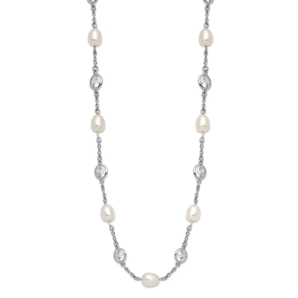 Cheryl M Sterling Silver Rhodium-plated Freshwater Cultured Pearl and Brilliant-cut CZ Bezel Station 36 Inch Necklace