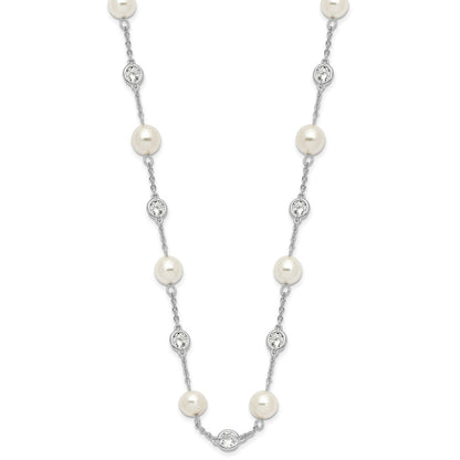 Cheryl M Sterling Silver Rhodium-plated Glass Pearl and Brilliant-cut CZ Bezel Station 36 Inch Necklace