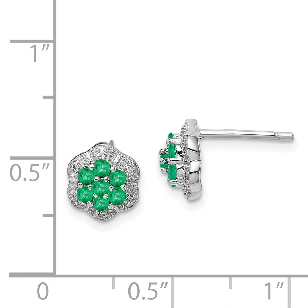 Sterling Silver Rhodium Emerald & Diamond Post Earrings