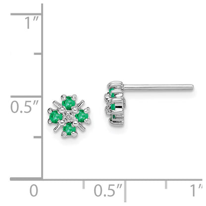 Sterling Silver Rhodium Emerald & Diamond Post Earrings