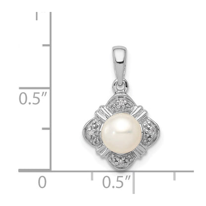 Sterling Silver Rhodium FW Cultured Pearl & Diamond Pendant