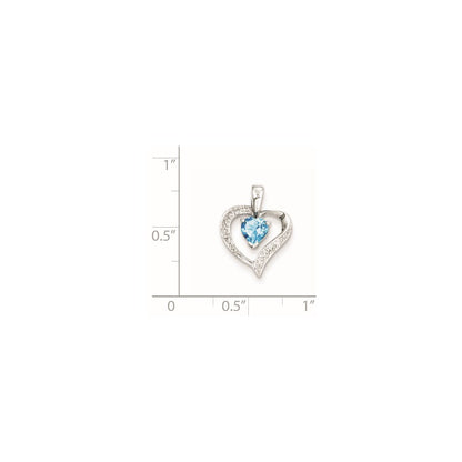 Sterling Silver Rhodium Heart Swiss Blue Topaz & Diamond Heart Pendant