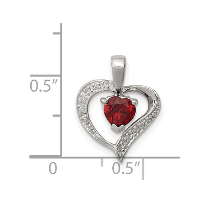 Sterling Silver Rhodium Heart Garnet & Diamond Heart Pendant