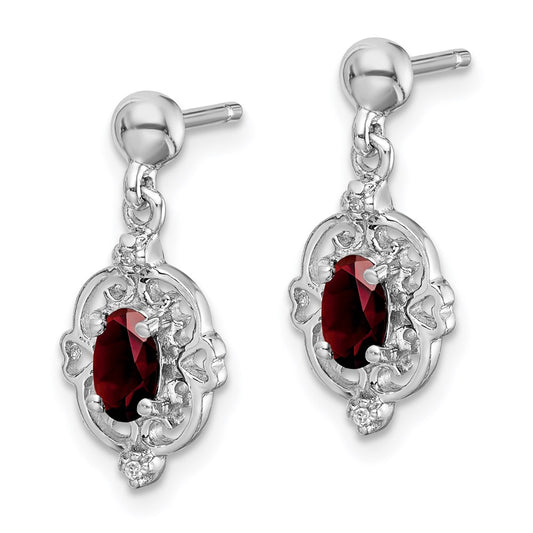 Sterling Silver Rhodium-plated Garnet and Diamond Post Earrings