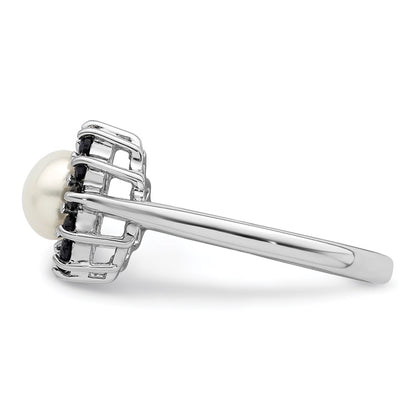 Sterling Silver Rhodium 6mm FW Cultured Button Pearl & Sapphire Ring