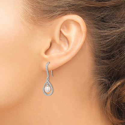 Sterling Silver Rhod Plated Dia. and FW Cultured Pearl Dangle Ear