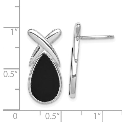 Sterling Silver Rhod-plated Polished Onyx Teardrop X Post Drop Earrings