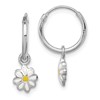 Sterling Silver Rhodium-plated Polished Yellow & White Enameled Daisy Dangle Flower Round Hoop Earrings