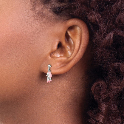 Sterling Silver Polished Pink & Black Enameled Horse Children's Post Dangle Earrings