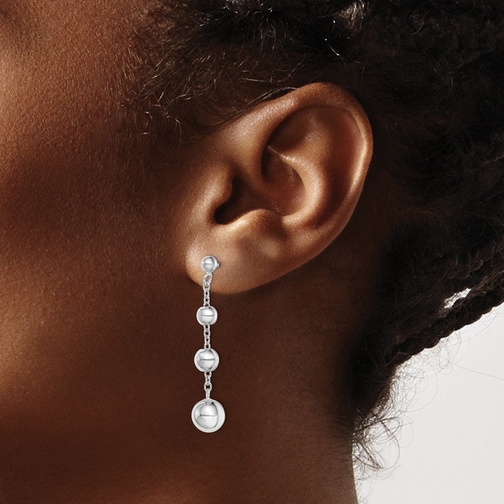 Sterling Silver Rhod-plated Polished Graduated Beaded Post Dangle Earrings