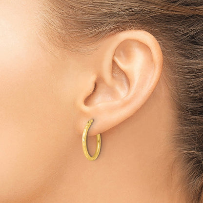 Sterling Silver Gold-tone Satin Diamond-cut 2x20mm Hoop Earrings