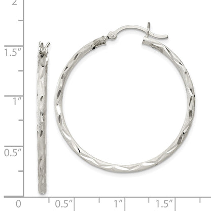 Sterling Silver Satin Diamond-cut 2x35mm Hoop Earrings