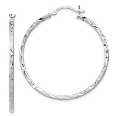 Sterling Silver Satin Diamond-cut 2x40mm Hoop Earrings