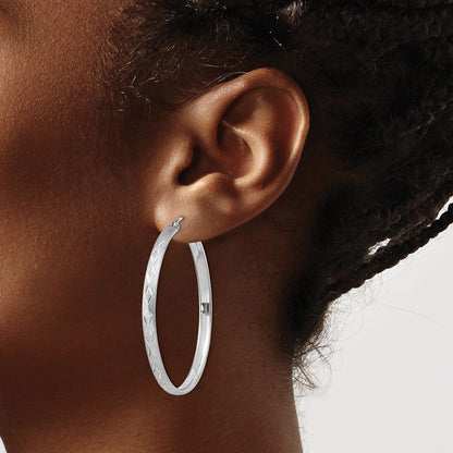 Sterling Silver Rhodium-plated 3mm Satin Diamond-cut Hoop Earrings