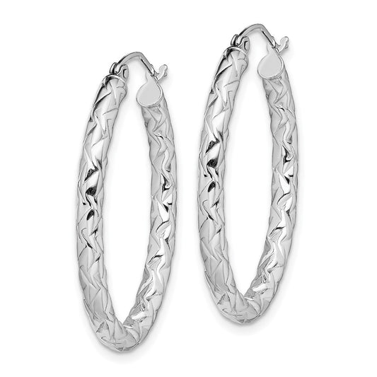 Sterling Silver RH-plated D/C Textured 3mm Oval Hoop Earrings