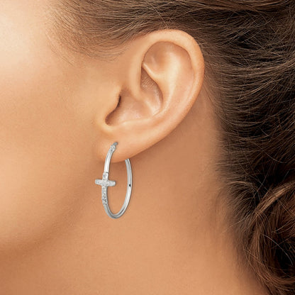 Sterling Silver Polished CZ Cross 2.5mm Round Hoop Earrings