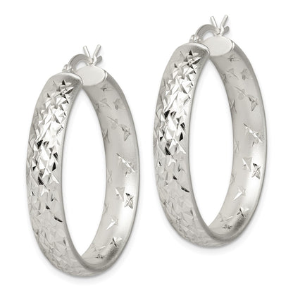 Sterling Silver Satin & Diamond-cut 5mm Round Hoop Earrings
