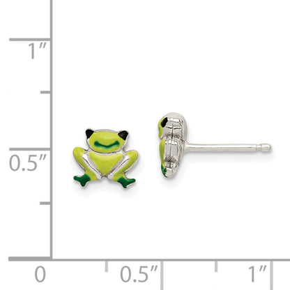 Sterling Silver Polished Enamel Frog Childs Post Earrings
