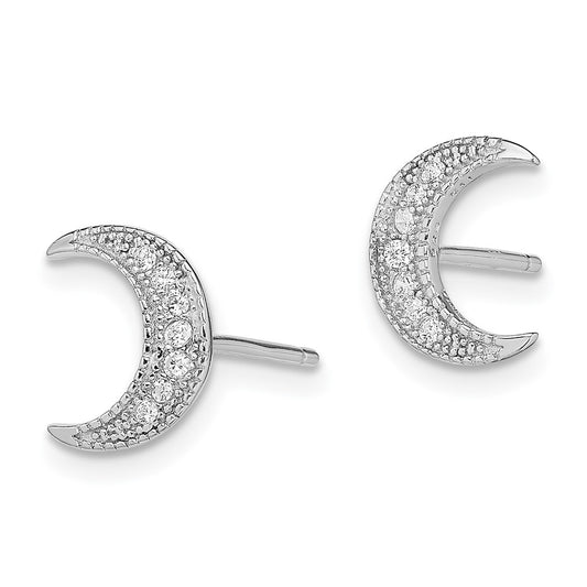 Sterling Silver Rhodium-plated CZ Crescent Moon Post Earrings
