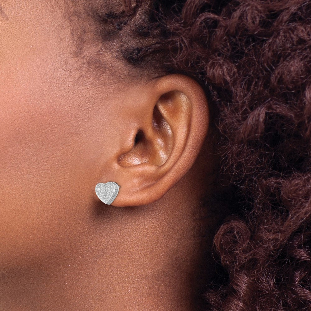 Sterling Silver Rhodium-plated CZ Micro pav Heart Post Earrings
