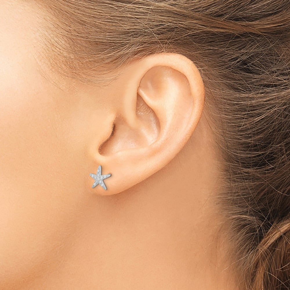 Sterling Silver Rhodium-plated CZ Micro pav Starfish Post Earrings