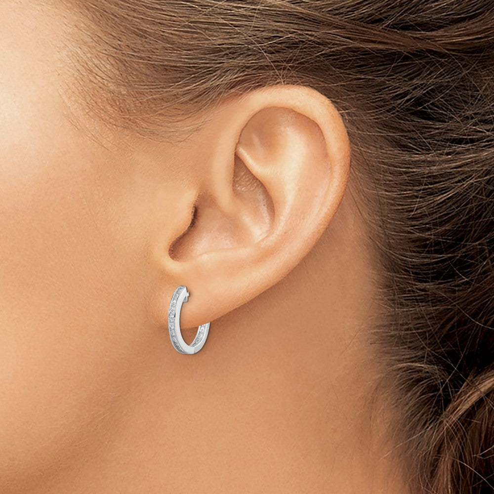 Sterling Silver Rhodium-plated In/Out Pav Hinged Hoop Earrings