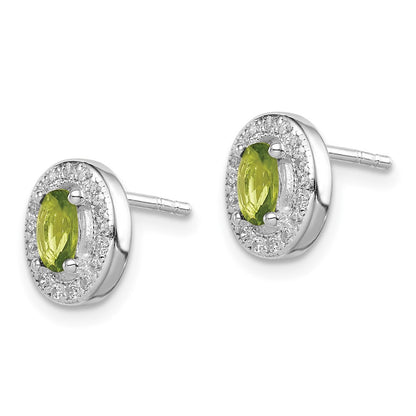 Sterling Silver Rhod-plated Light Green and White CZ Oval Stud Earrings