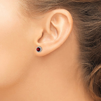 Sterling Silver Rhodium-plated Garnet and CZ Post Earrings
