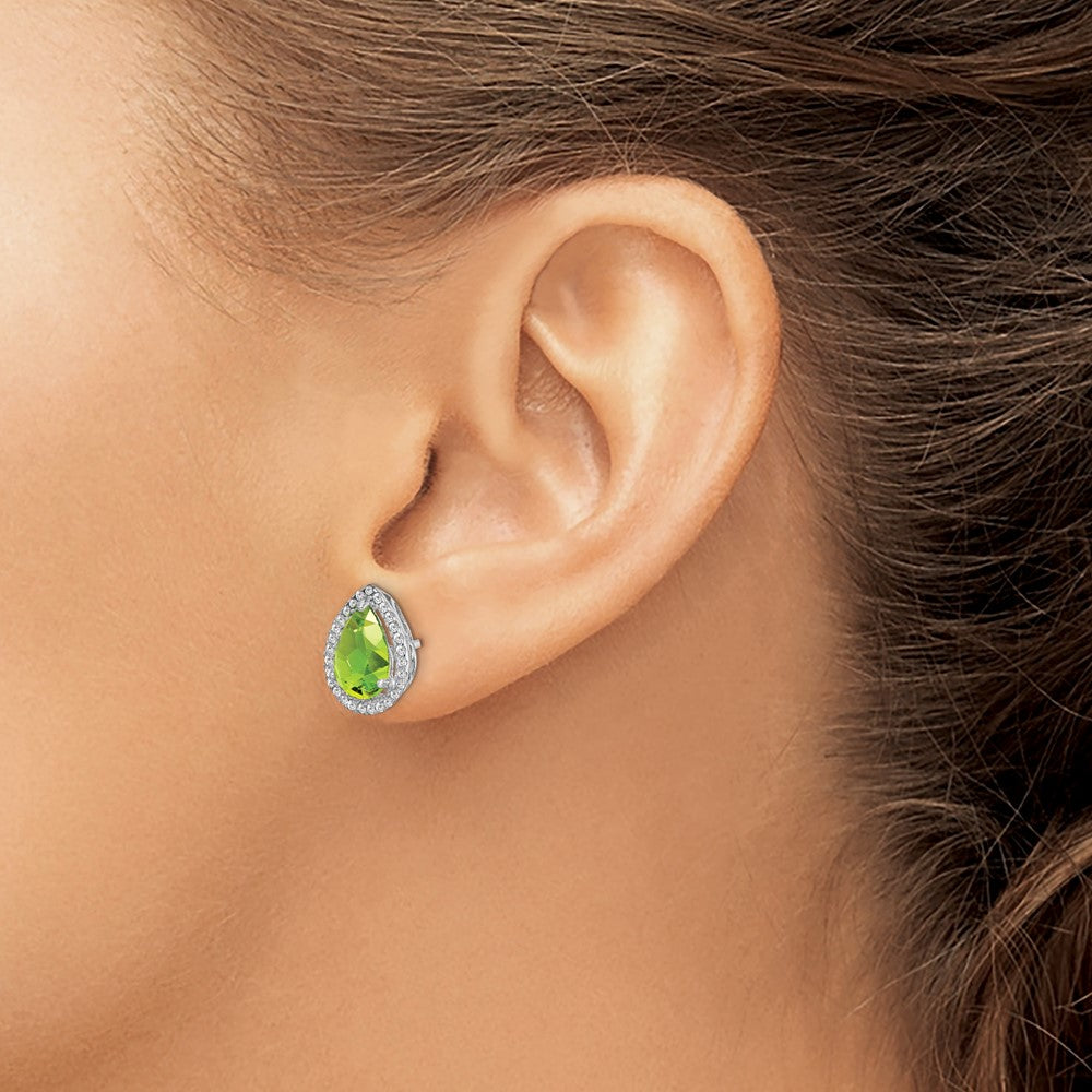 Sterling Silver Rhodium Polished Simulated Peridot & CZ Post Earrings