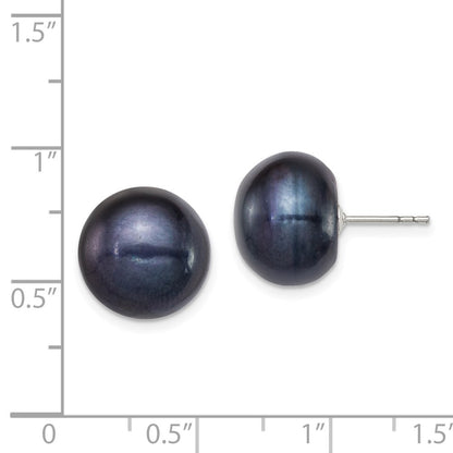 Sterling Silver Rhodium-plated 12-13mm Black Button Freshwater Cultured Pearl Post Earrings