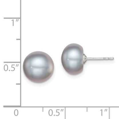 Sterling Silver Rhodium-plated 9-10mm Grey Button Freshwater Cultured Pearl Post Earrings