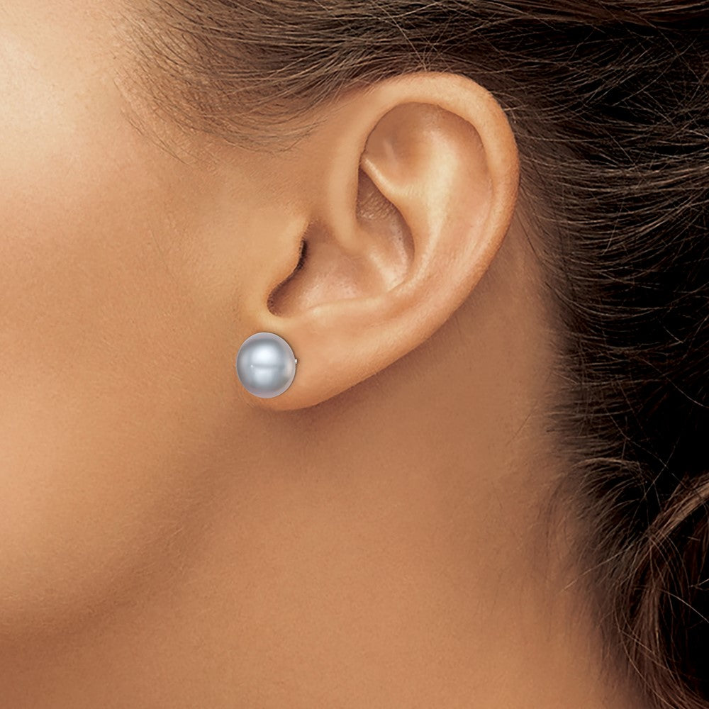 Sterling Silver Rhodium-plated 11-12mm Grey Button Freshwater Cultured Pearl Post Earrings